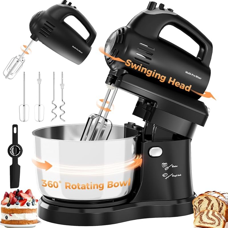 250W 5-Speed Electric Stand Mixer: Tilt-Head 2-in-1 Hand Mixer with Tu