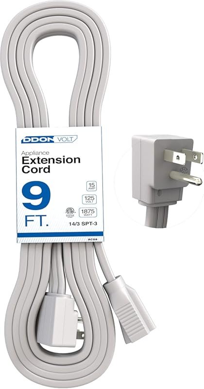 9ft Heavy Duty Appliance Extension Cord, 14 Gauge 3 Prong Flat-End for