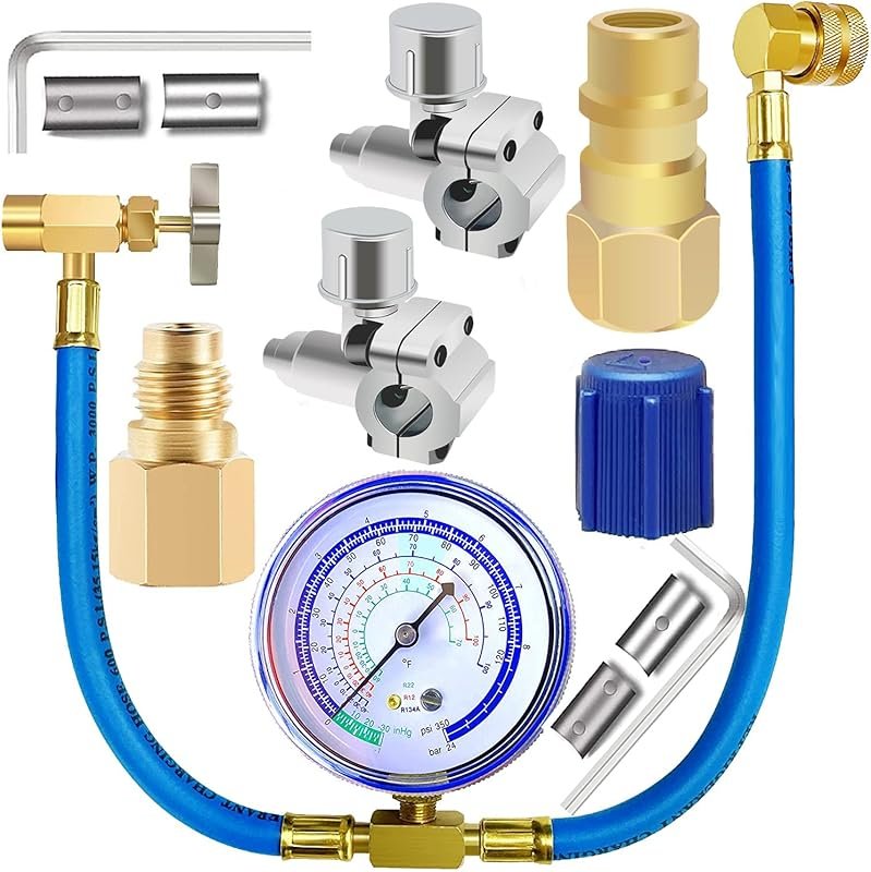 Universal R134a R12 R22 AC Recharge Hose with Gauge and BPV31 Valve Ki