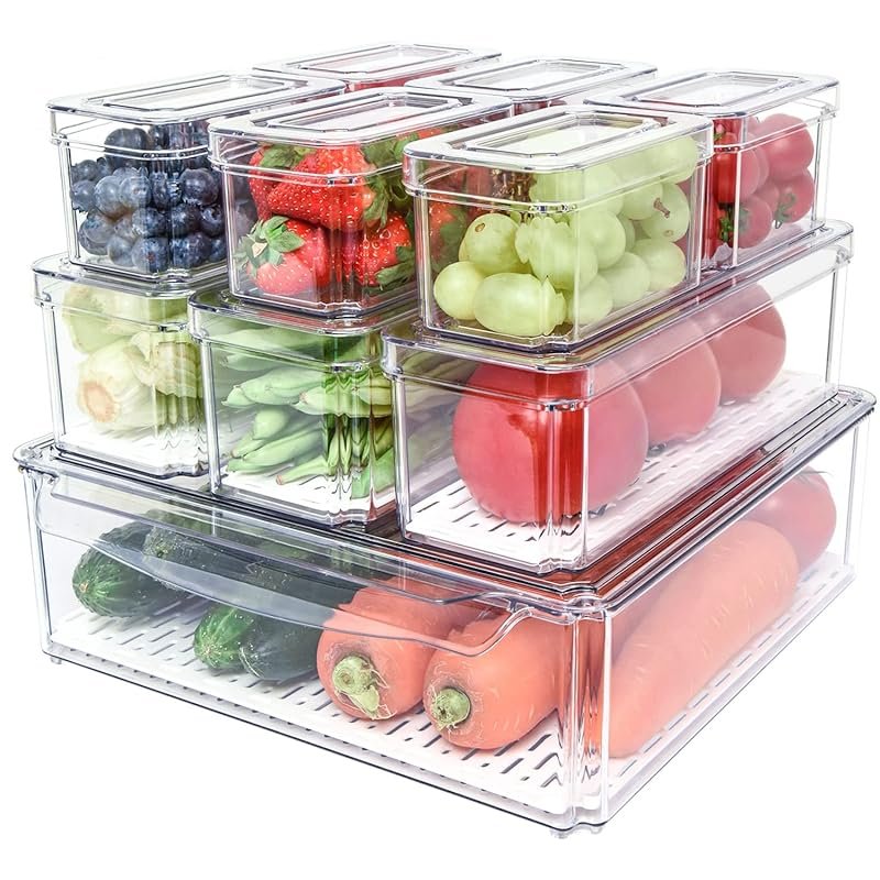 POMEAT 10-Pack Stackable Fridge Organizer Bins with Lids - Clear Produ