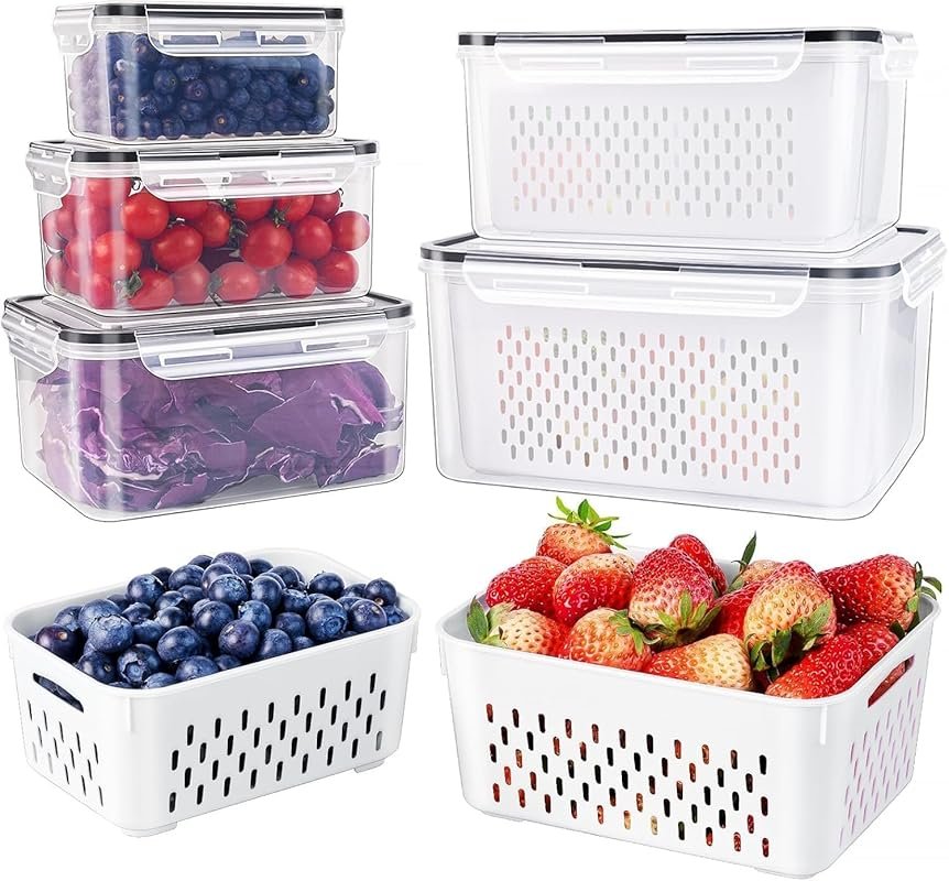 5 Piece Large Fruit Containers for Fridge, Leakproof Produce Storage w