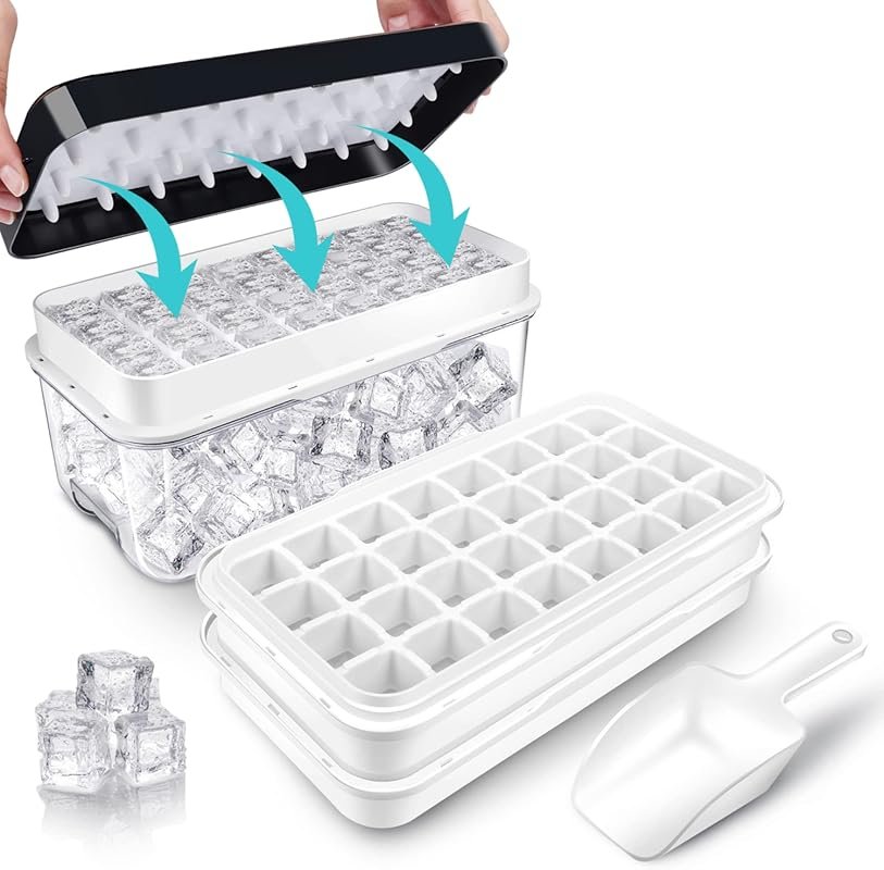 Ice Cube Trays with Lid & Bin: 64 Cubes, Easy Release, Storage Bucket 
