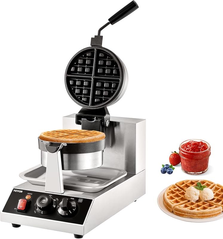 VEVOR Commercial Round Waffle Maker: 1300W Non-Stick Rotatable Belgian
