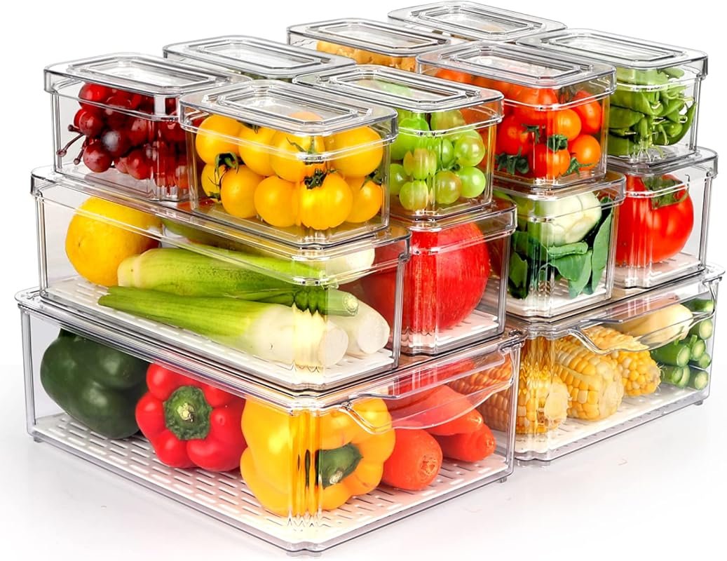 ZIJUND 14 Pack Stackable Fridge Organizers with Lids for Food Storage
