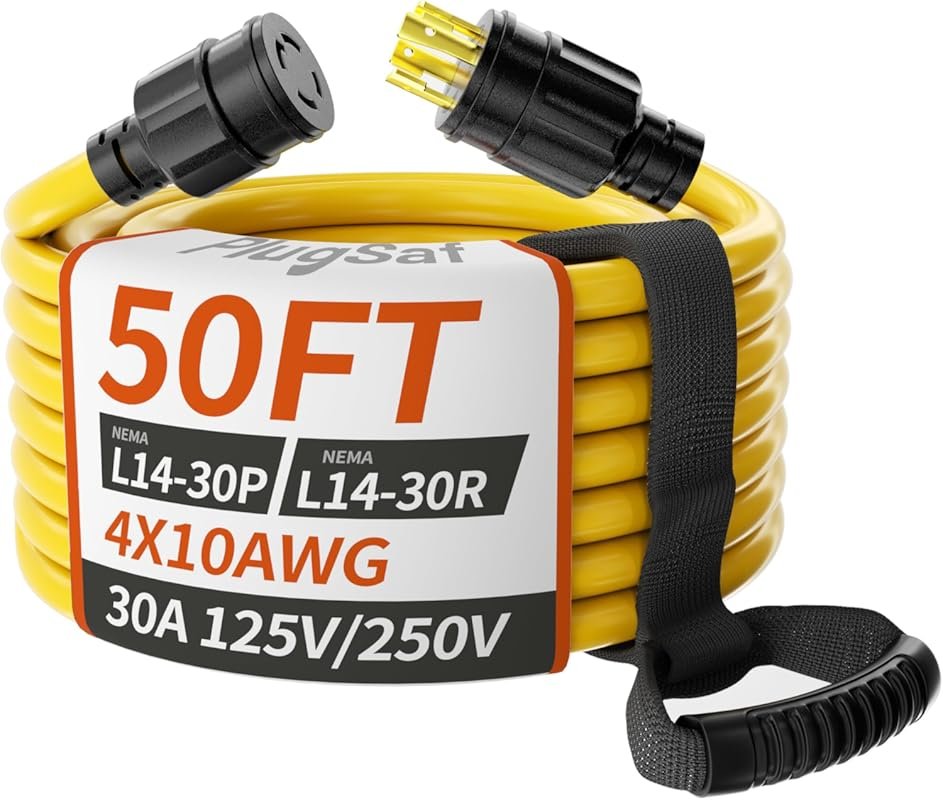 PlugSaf 50 Ft 30 Amp Generator Extension Cord: Heavy Duty 4-Prong Twis