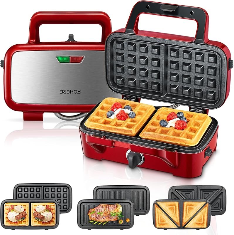 FOHERE 3-in-1 Waffle Maker, Sandwich Press with 1200W Power & Temp Con