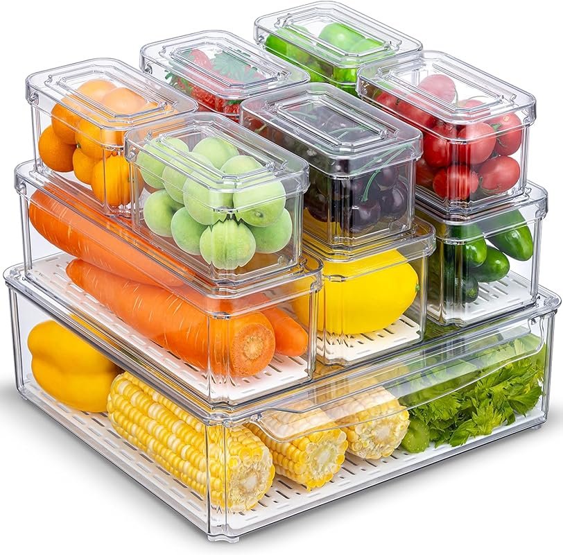 KUMD 10-Pack Stackable Fridge Organizer Bins with Lids & Drain Tray -