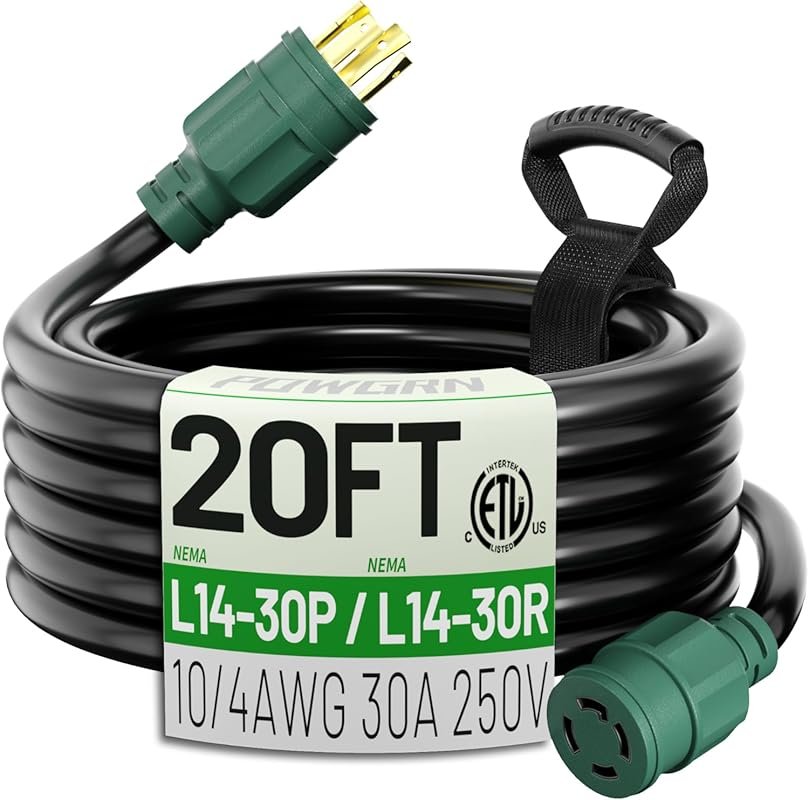POWGRN 20 Ft 30 Amp Generator Extension Cord: Heavy Duty 4-Prong Twist
