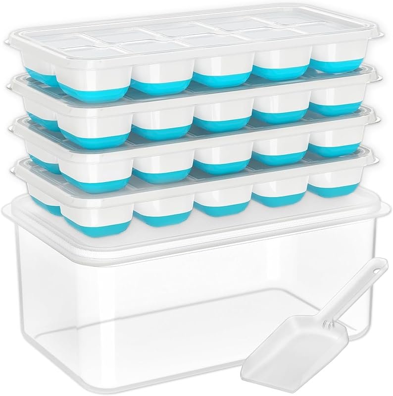 DOQAUS 4 Pack Silicone Ice Cube Trays with Lid & Bin for Freezer