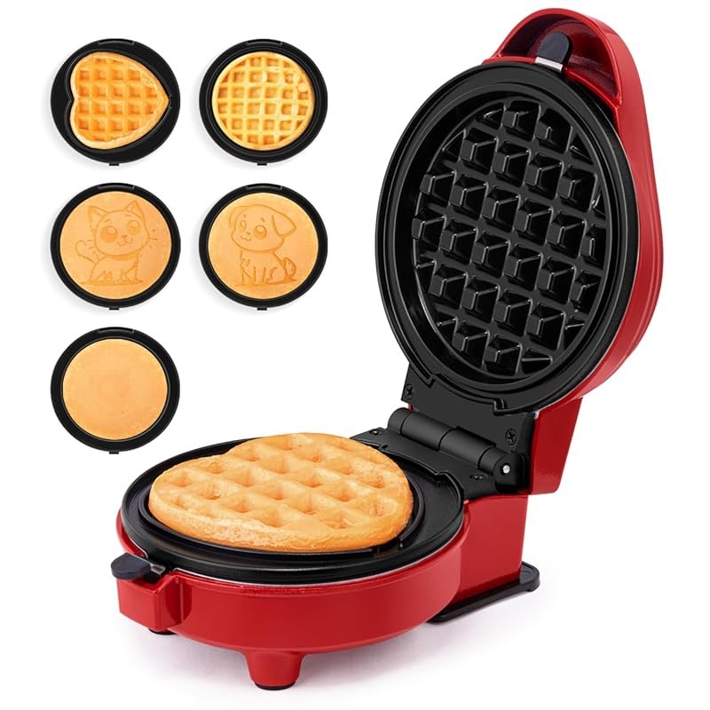 Holstein 5-in-1 Mini Waffle & Griddle Maker: 7 Plates for Fun Shapes &