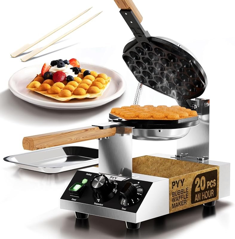 PYY Commercial Bubble Waffle Maker: 1500W Rotating 180° Non-stick Egg 