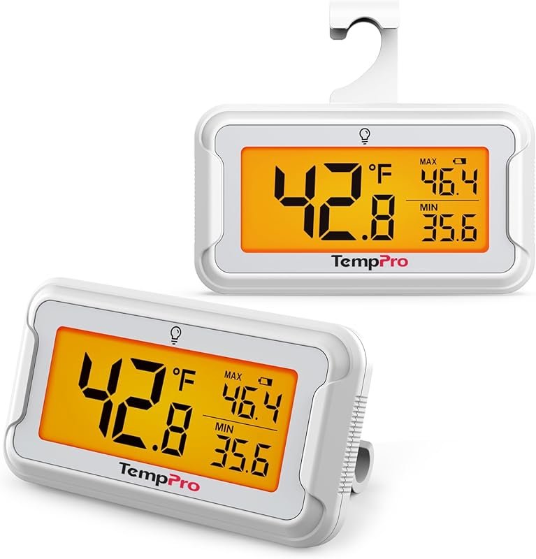 TempPro Refrigerator Thermometer 2 Pack: Large Backlit LCD, Waterproof