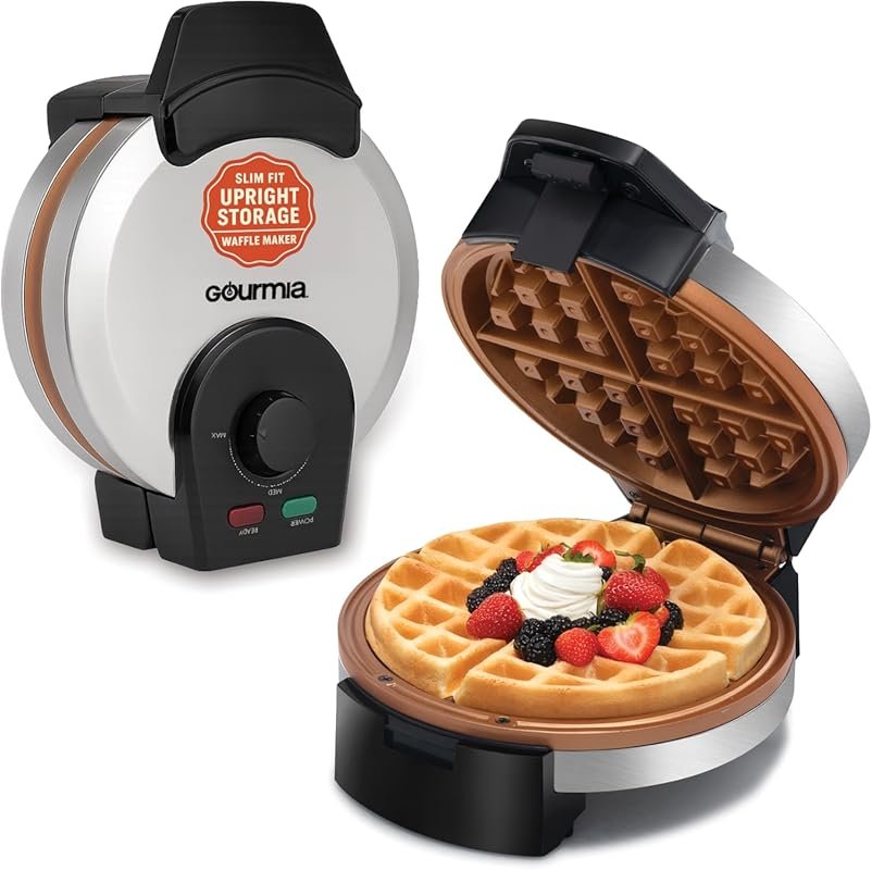 Gourmia Belgian Waffle Maker: Compact Design, Upright Storage, Adjusta