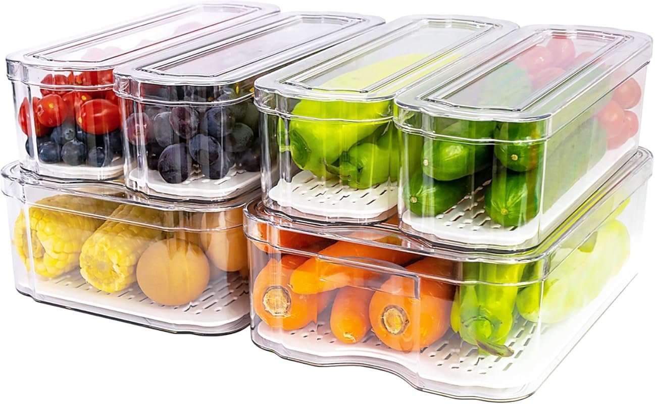 SMRCAD 6-Pack Clear Fridge Organizers with Lids - Stackable Freezer &