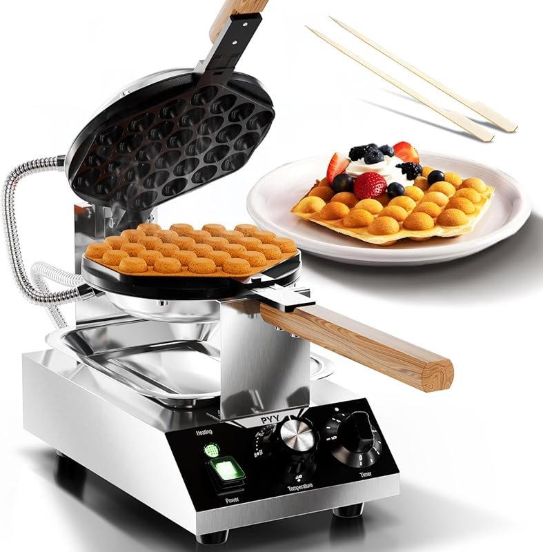 PYY 1500W Commercial Bubble Waffle Maker with 180Β° Rotating Pan and 30