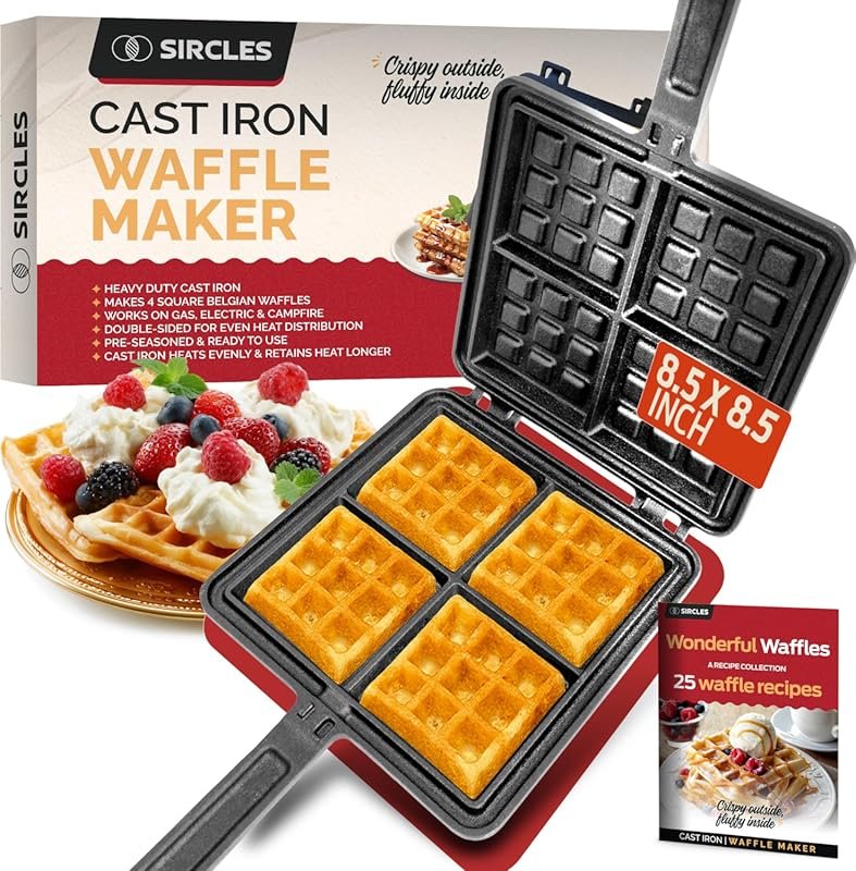 Sircles Cast Iron Non-Electric Belgian Waffle Maker for 4 Square Waffl