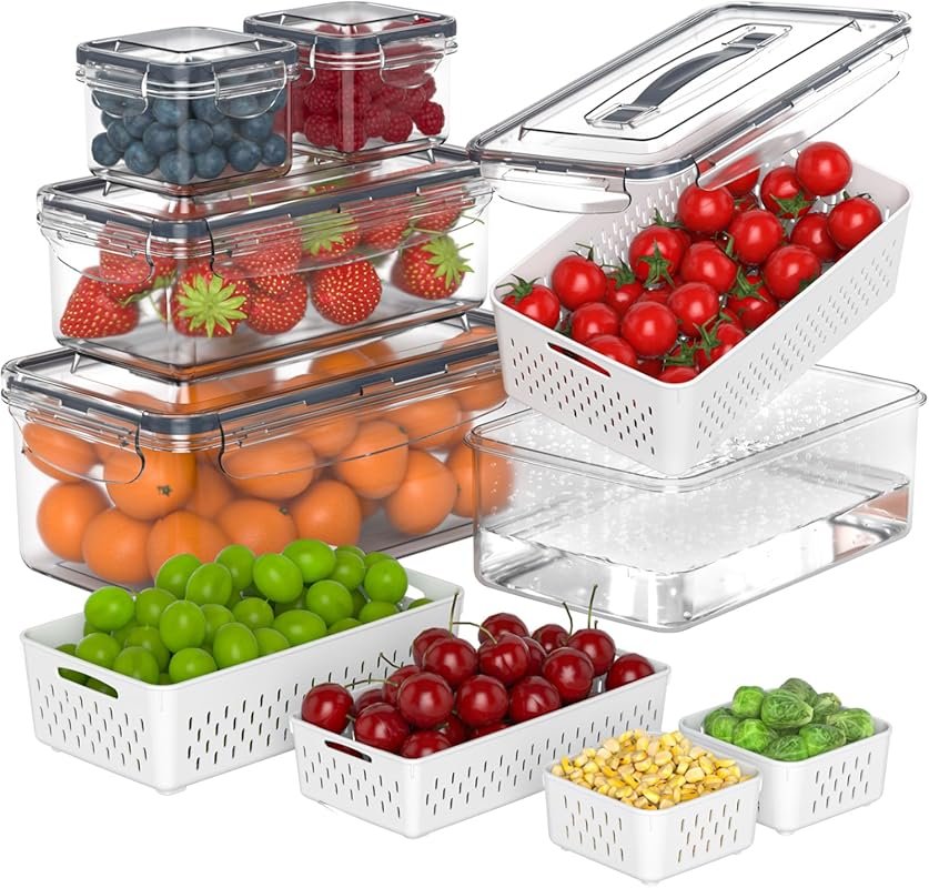 5 Pcs Fruit & Vegetable Fridge Containers with Colander, Airtight & Di