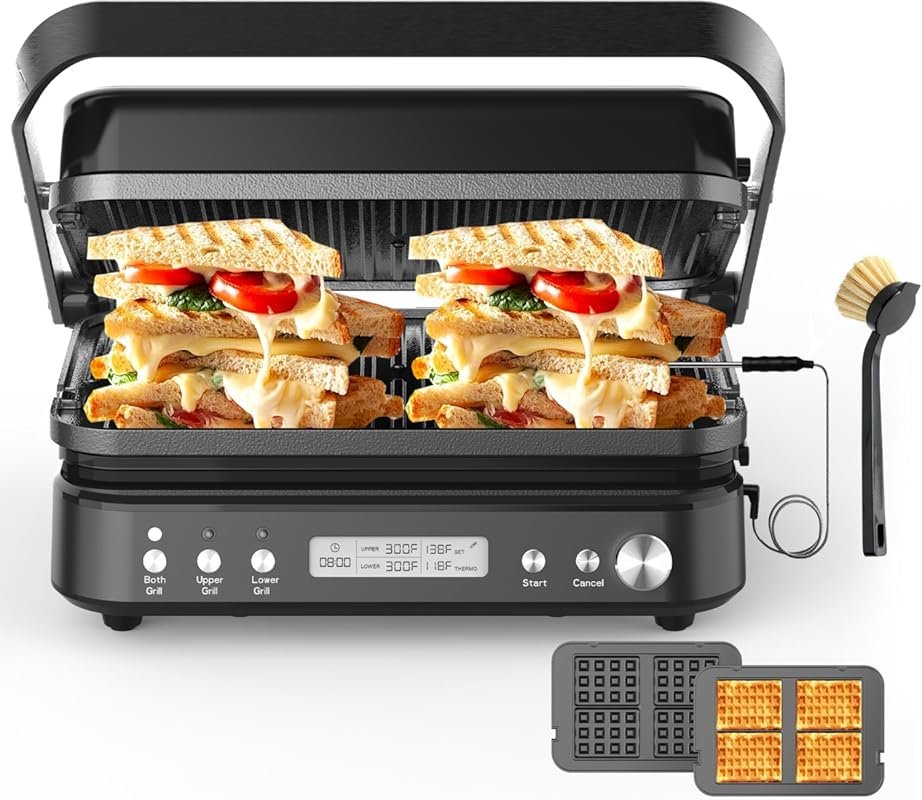 CATTLEMAN 6-in-1 Panini Grill: Electric Indoor Grill, Waffle Maker wit