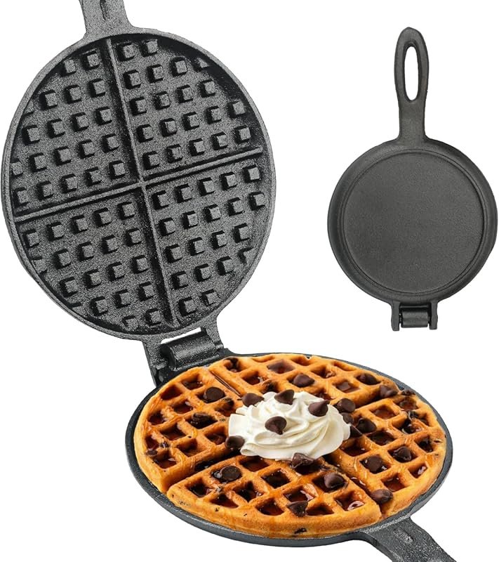 Cast Iron Stovetop/Camping Waffle Maker: Hinged, Non-Electric 7-inch R