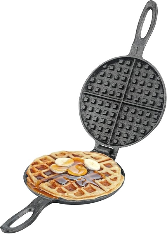 Cast Iron Stovetop Waffle Maker: 7-inch Round, Hinged, Non-Electric Ir