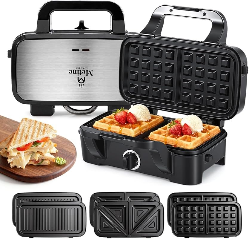 3-in-1 Waffle, Sandwich, and Pancake Maker with Removable Nonstick Plates for Family Breakfast