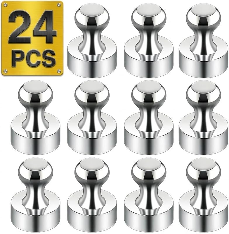 Metallic Magnets 24 Pack Silver Magnetic Push Pins for Whiteboard, Kit