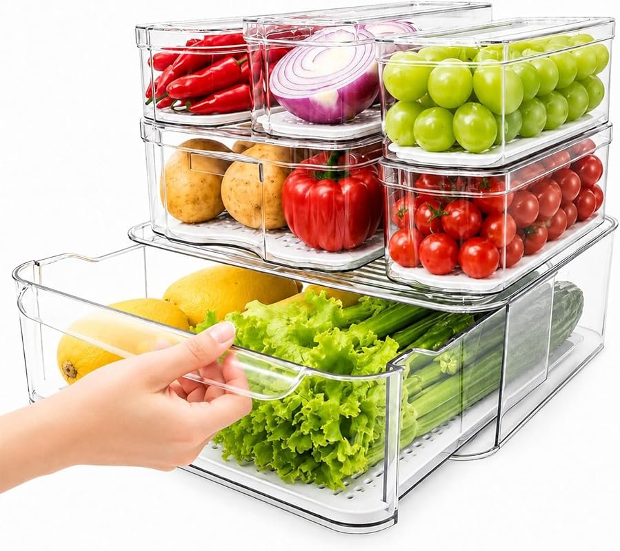 SMRCAD 6 Pack Clear Pull-Out Fridge Organizers with Lids, Stackable St