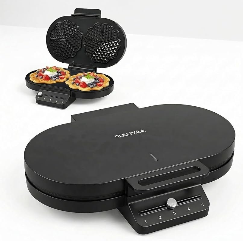 Upgraded Electric Heart Waffle Maker: Double-Side Heating, Non-Stick, 5-Level Browning Control